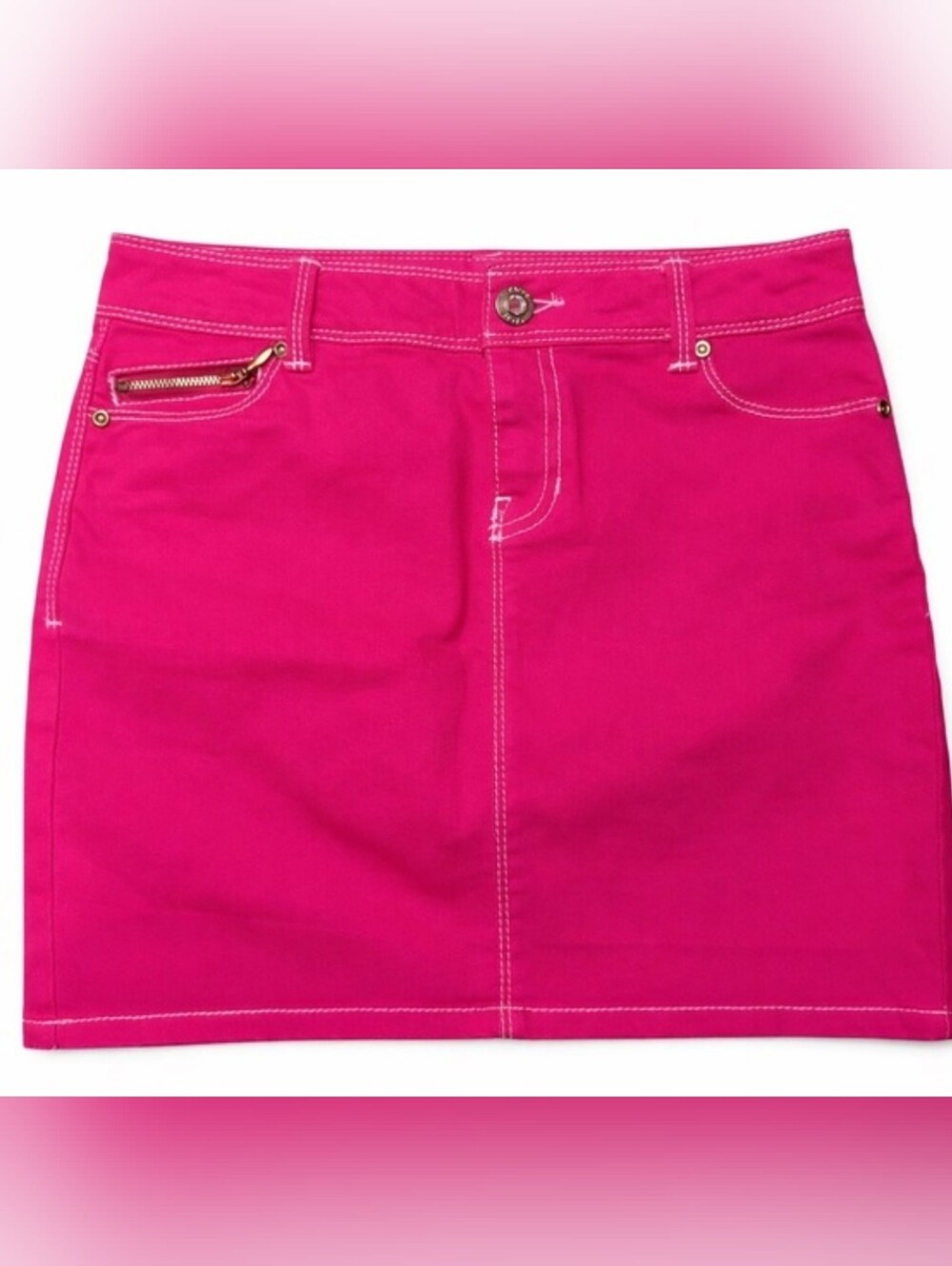 Cache Hot Pink Denim Mini Skirt with Contrast Stitching